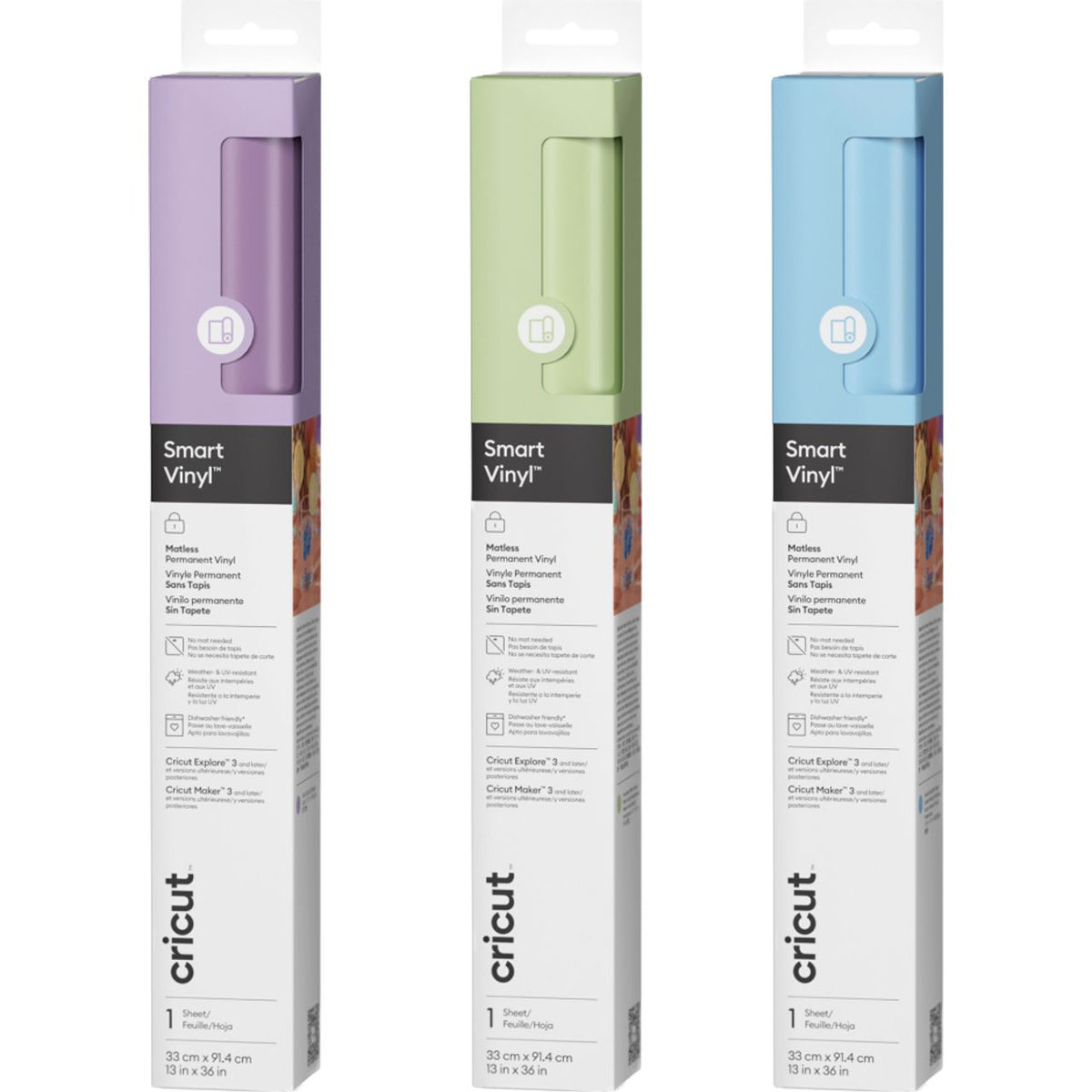 Cricut Smart Vinyl Matless Permanent Vinyl (13 in x 36 in) - Powder Blu / Lilac / Honeydew