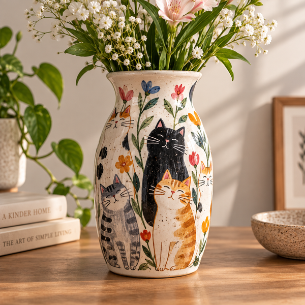Decorative Cat Motif Ceramic Vase