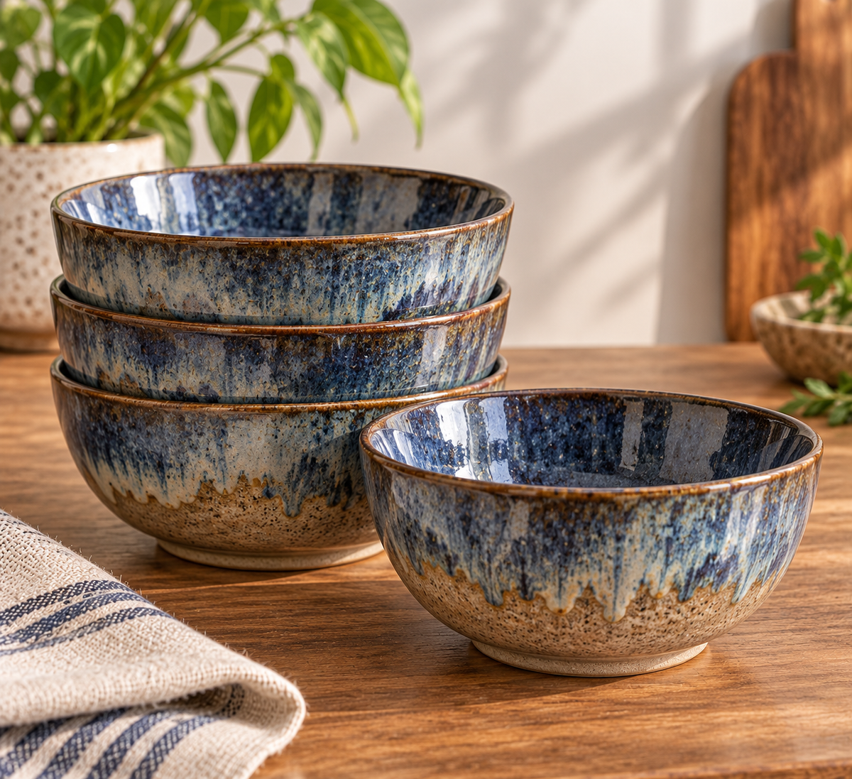 Reactive Glaze Stoneware Bowls – Set of 4
