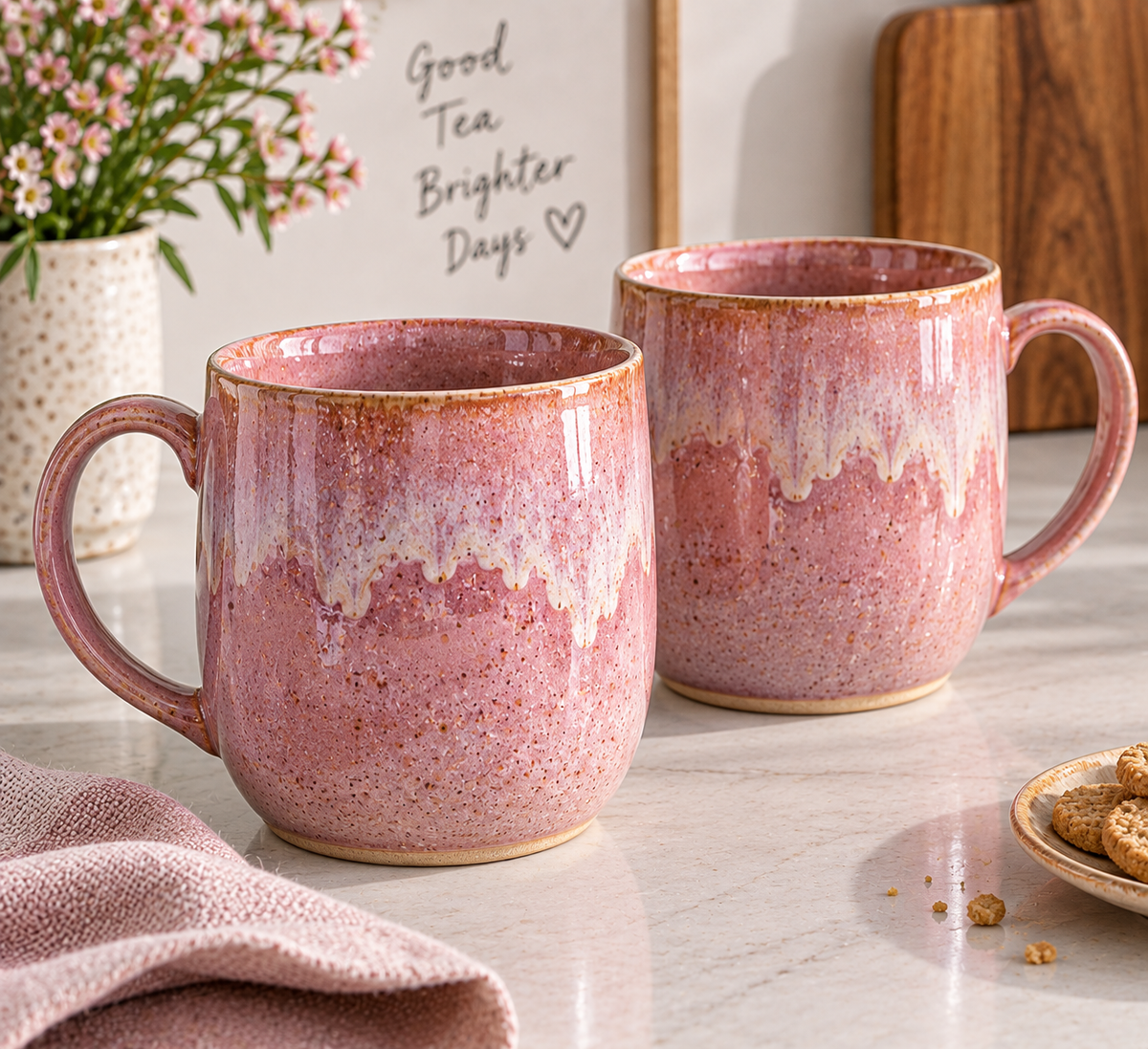 Pink Reactive Glaze Ceramic Mugs – Set of 2, 440ml