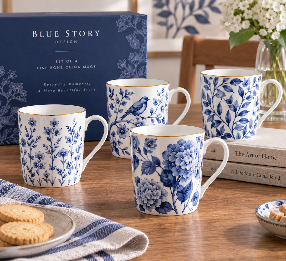 Blue Botanical Fine Bone China Mugs – Set of 4