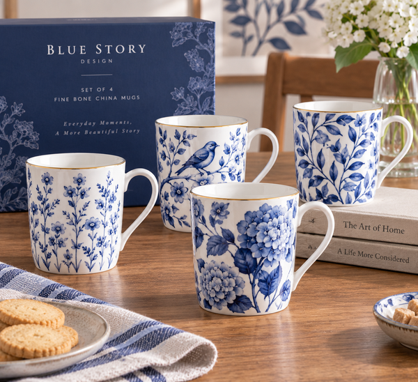 Blue Botanical Fine Bone China Mugs – Set of 4