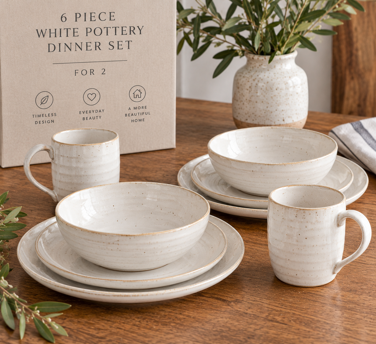 White Pottery Dinner Set for 2 – 6 Piece