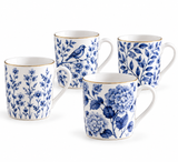 Blue Botanical Fine Bone China Mugs – Set of 4