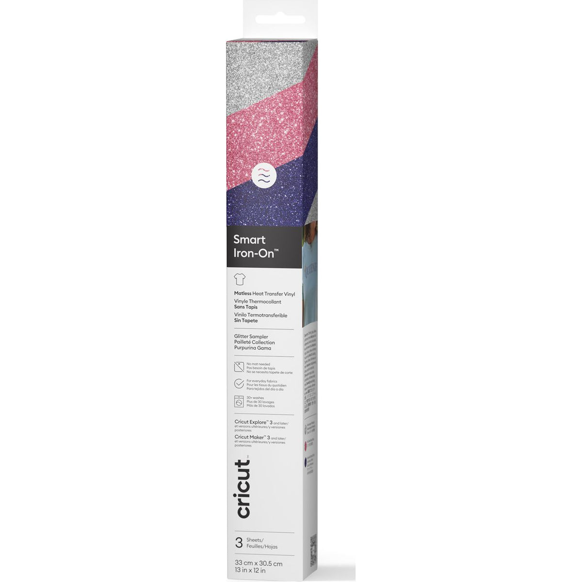 Cricut Smart Iron-On Glitter Matless Heat Transfer Vinyl, Nebula Sampler - 13 in x 12 in (3 ct) - Sapphire Blue / Pink / Silver
