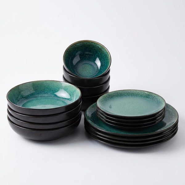 Green Reactive Glaze Stoneware Dinnerware Set – 16 Piece